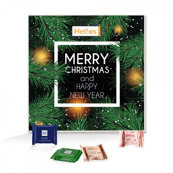 Adventskalender quadratisch Deckblatt, weiße Kartonage Tiefziehteil kompostierbar weiß Zebra Bar Min