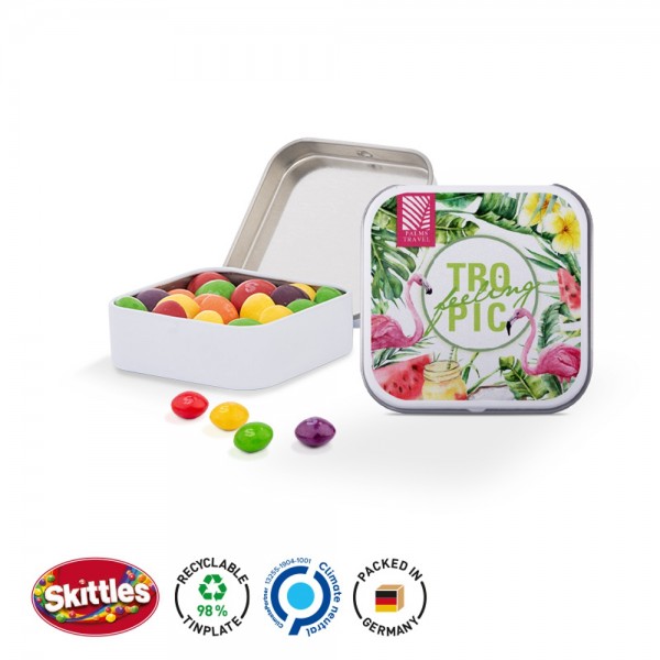 Dose Quadratisch, weiß Scharnierdeckeldose, weiß Skittles Fruits Kaubonbons