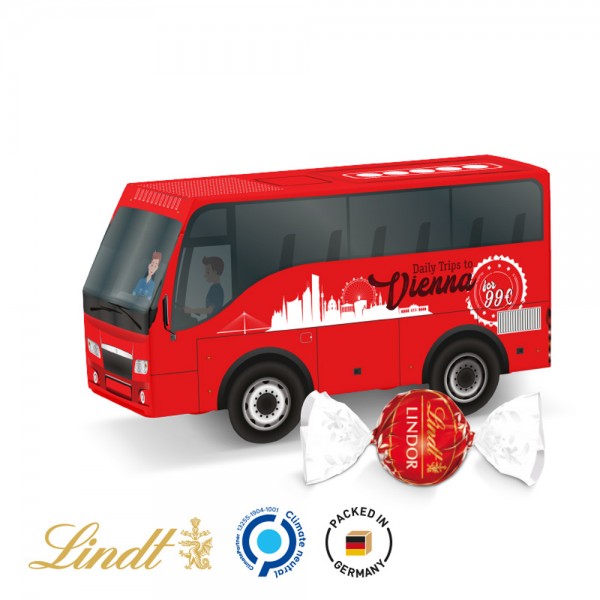Bus Präsent Vollkartonhülle, weiß Lindt Lindor Kugel rot, Milch
