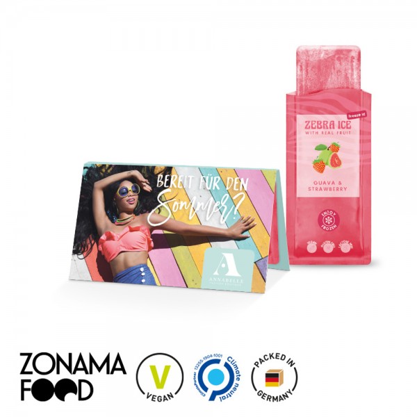 Werbekarte Long aus weißem Karton mit Abreißperforation Zebra Ice, Guave & Erdbeer