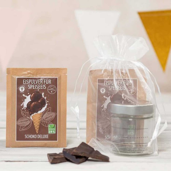 Eismixglas & Portionsbeutel Schoko im transparenten Säckchen