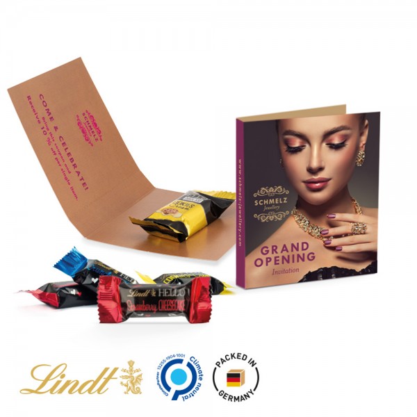 Werbekarte Midi aus weißem Karton mit Abreißperforation (Rücken 14mm) Lindt HELLO Mini Sticks Mischu