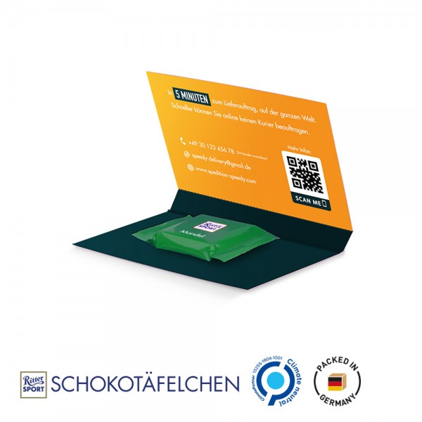 Express Werbekarte aus weißem Karton mit Abreißperforation Ritter SPORT Schokotäfelchen Mandel