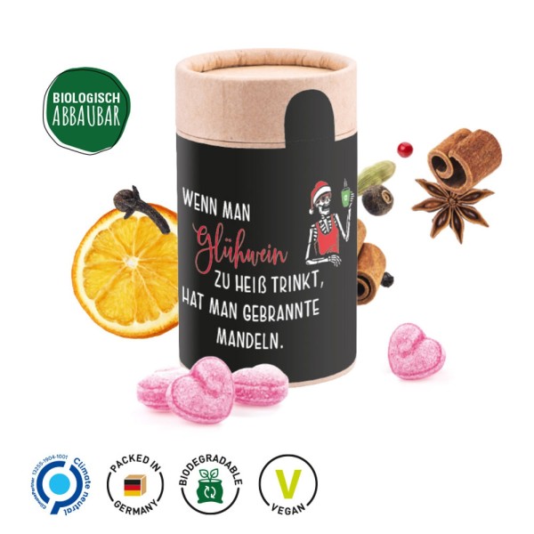 Papierdose Eco Midi Werbeetikett aus weißem Papier Glühwein Bonbon, Herz kandiert