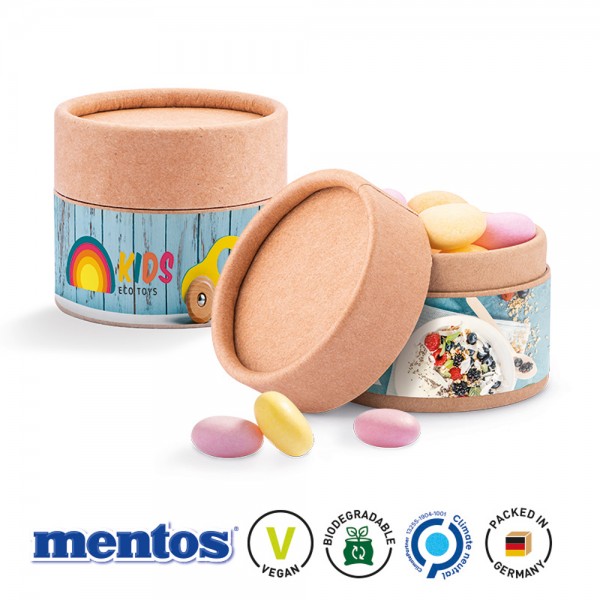 Papierdose Eco Mini Werbeetikett aus weißem Papier Mentos Kaudragees Fruit