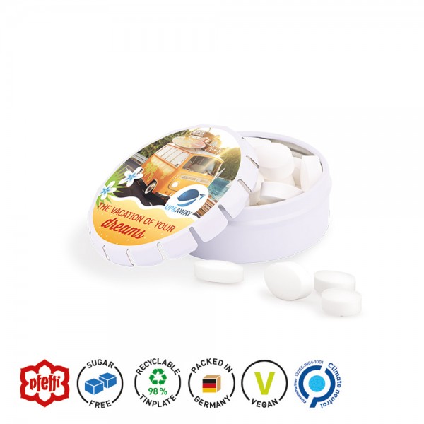 Quick Box XS Oberteil, rund, weiß Unterteil rund, weiß Pfeffi zuckerfreie Pfefferminzpastillen