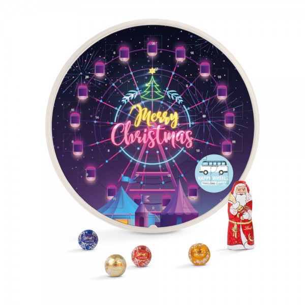 Adventskalender rund Deckblatt, weiße Kartonage Lindt Mischung: 23 Lindor Mini Kugeln (Milch, Dunkel