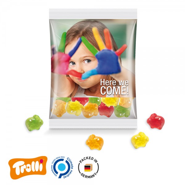Maxitüte, 145x110mm Folie, transparent Trolli Fruchtgummi Glücks-/Sparschwein, bunt gemsicht, 10% Fr