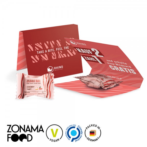 Werbekarte Midi aus weißem Karton mit Abreißperforation (Rücken 14mm) Zebra Bar Mini, 3 Sorten gemis