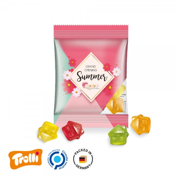 Minitüte, 84x70mm Folie, transparent Trolli Fruchtgummi Haus, bunt gemischt, 10% Fruchtsaft