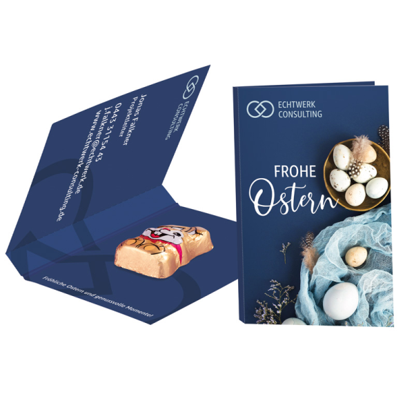 Werbekarte Visitenformat aus weißem Karton mit Abreißperforation Riegelein Schokoladen Osterhase, mi