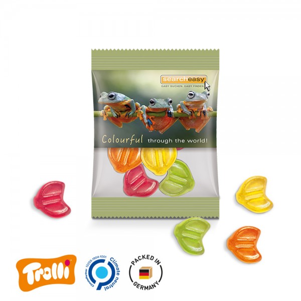 Minitüte, 84x70mm Folie, transparent Trolli Fruchtgummi EURO Zeichen, bunt gemischt, 10% Fruchtsaft
